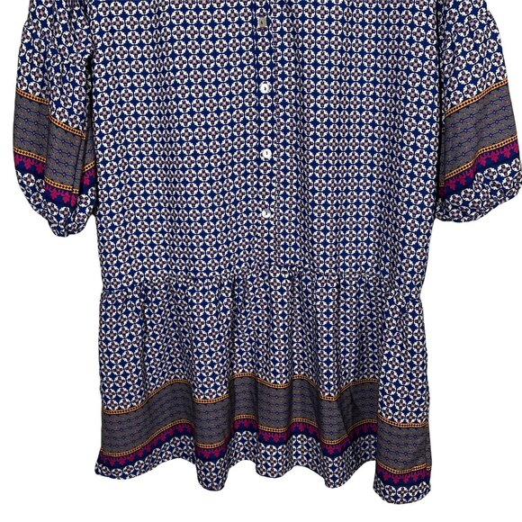 Peach Love California Boho Blue Mini Dress Puff Sleeve Border Print Small - Picture 6 of 12